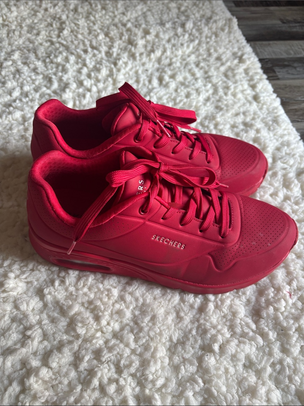 Skechers Womens Red Athletic Sneakers with Perforated Toe